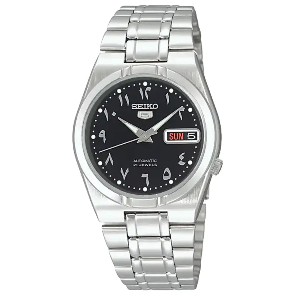 Seiko 5 SNK063J5 black Eastern Arabic numeral dial featured in Wristbear's 2026 UAE Arabic-dial watch guide