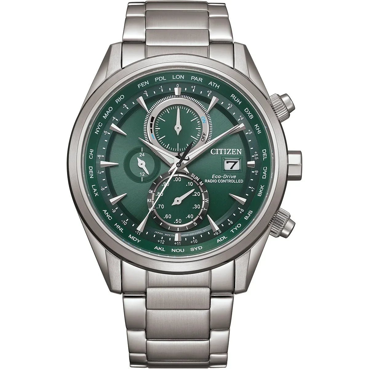 Citizen AT8260-85X green dial Eco-Drive radio-controlled chronograph, front view