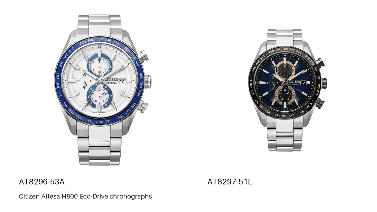 Citizen Attesa AT8296-53A white and AT8297-51L navy H800 Eco-Drive chronographs