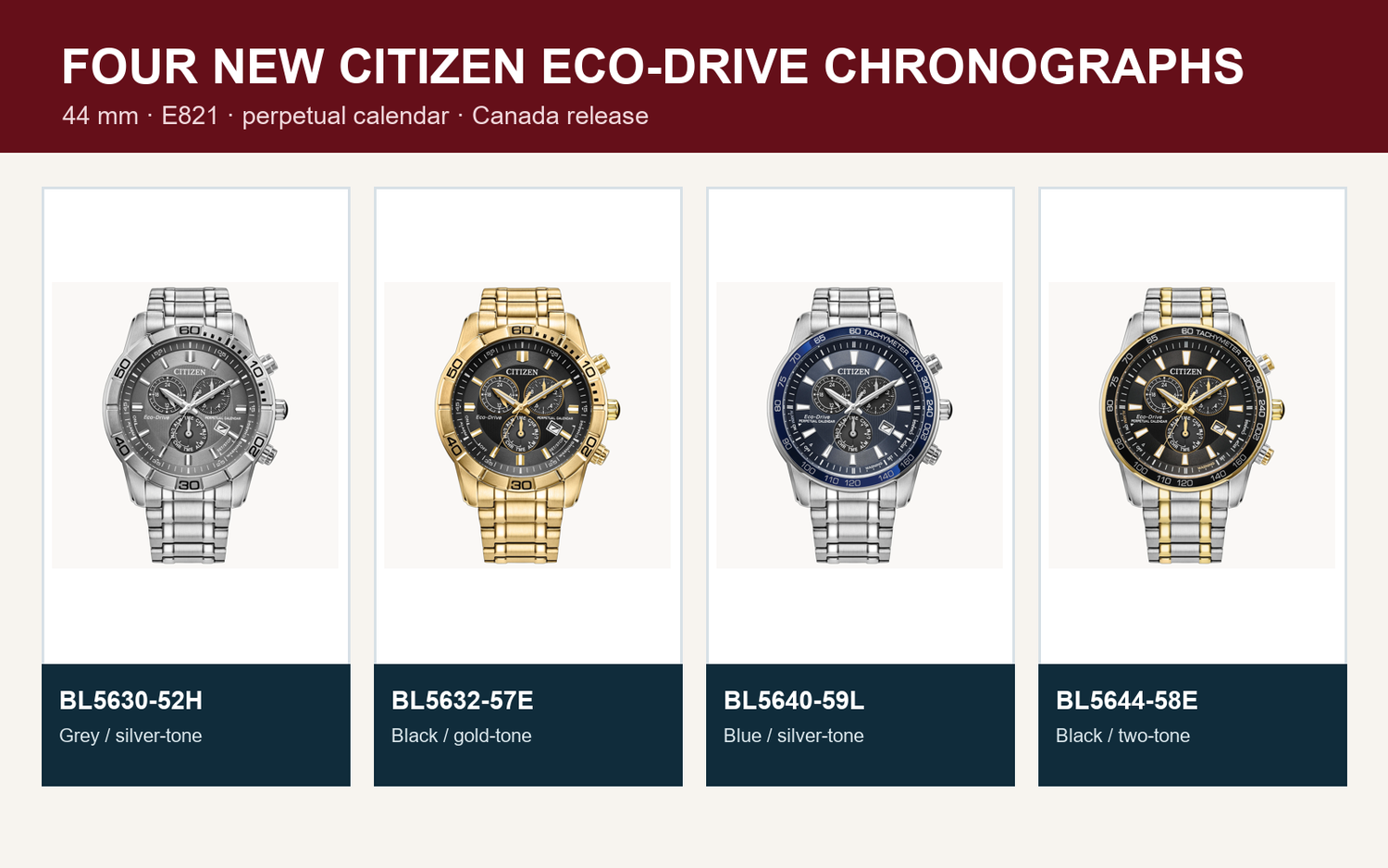 Citizen BL5630-52H, BL5632-57E, BL5640-59L and BL5644-58E Eco-Drive chronographs side by side