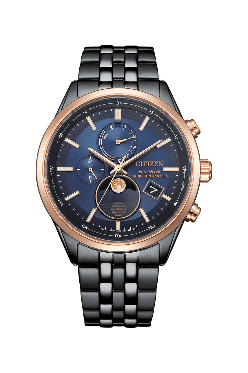 Citizen BY1036-53L blue dial Eco-Drive radio-controlled moonphase watch with black and rose-gold-tone stainless-steel bracelet