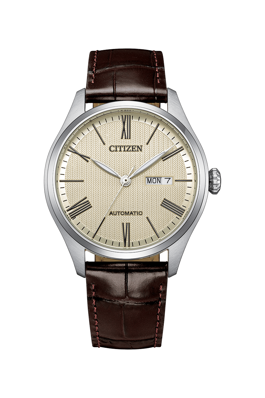 Citizen NH8410-08B front view with champagne dial and brown calf-leather strap