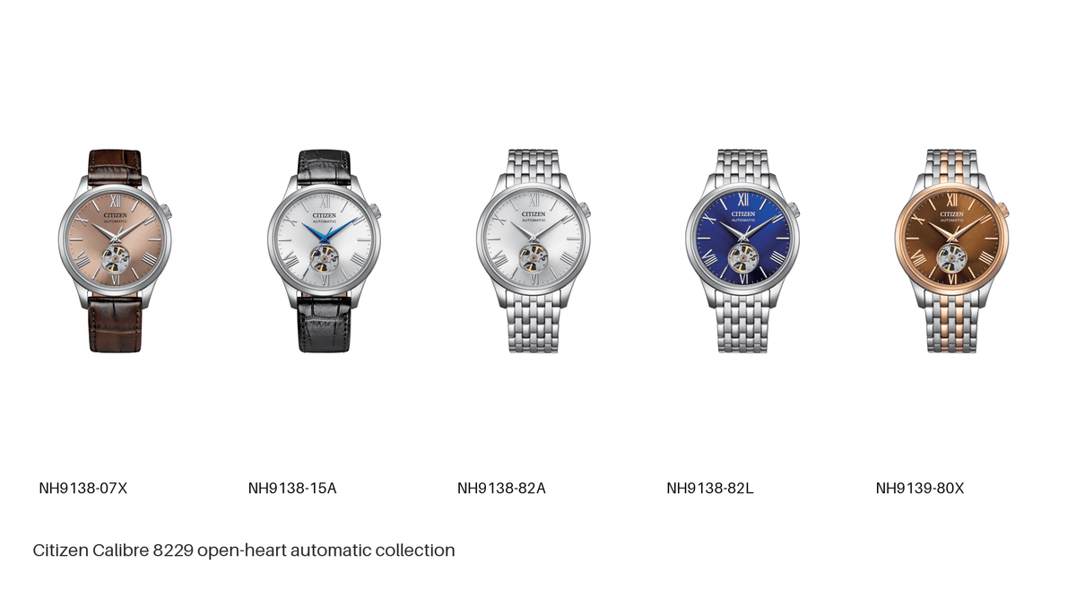 Citizen NH9138 and NH9139 five-model Calibre 8229 open-heart automatic watch lineup