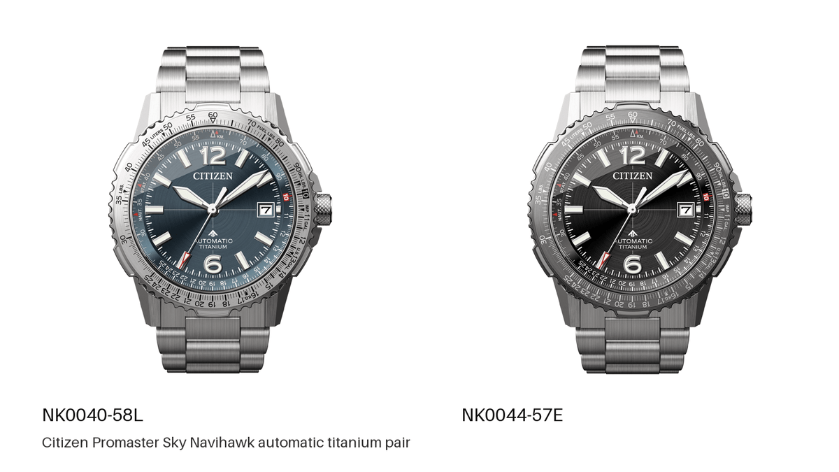Citizen Promaster Sky Navihawk NK0040-58L blue and NK0044-57E black automatic titanium watches