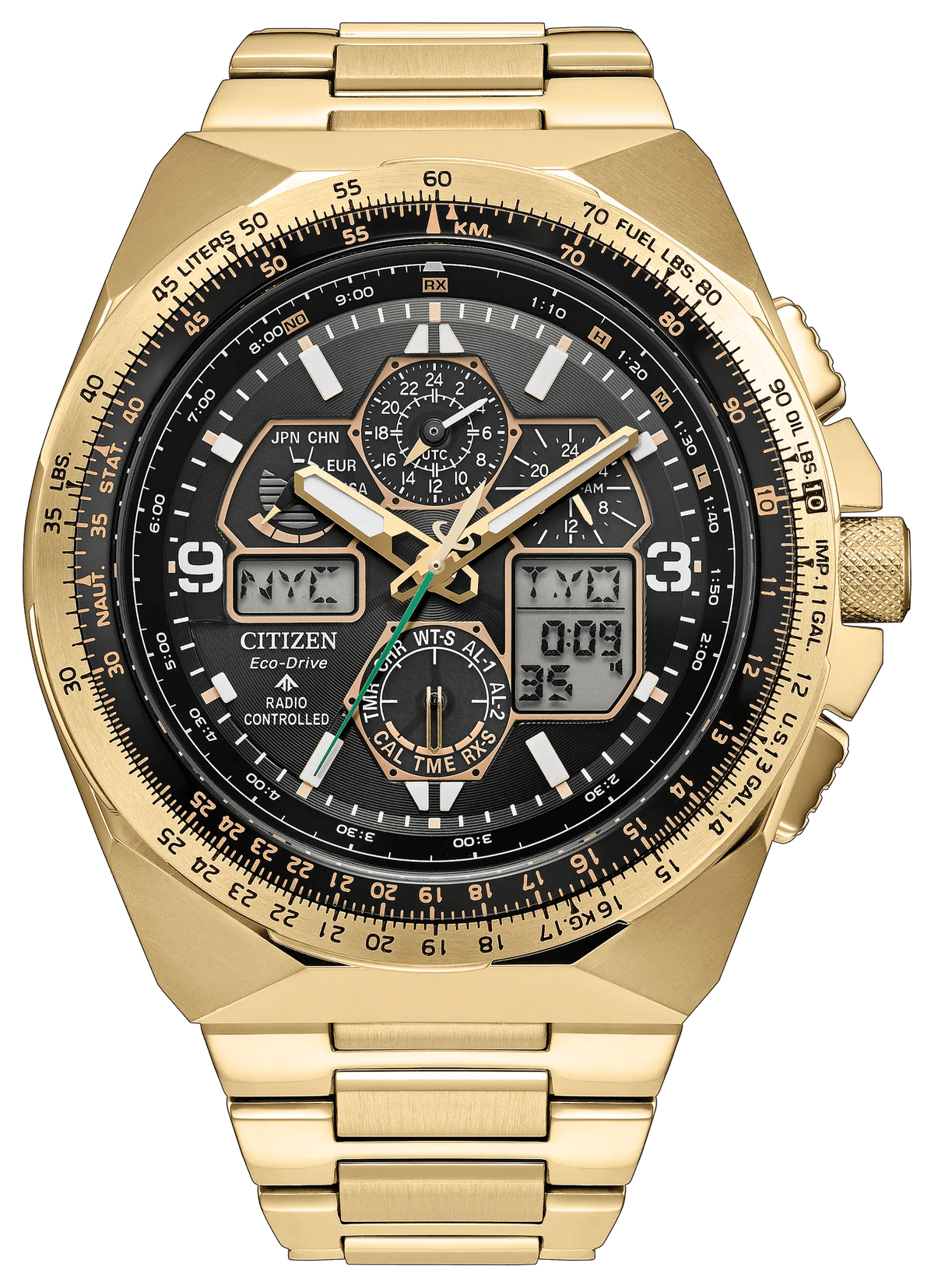 Citizen Promaster Skyhawk A-T JY8144-50E front view with black ana-digi dial and gold-coloured bezel