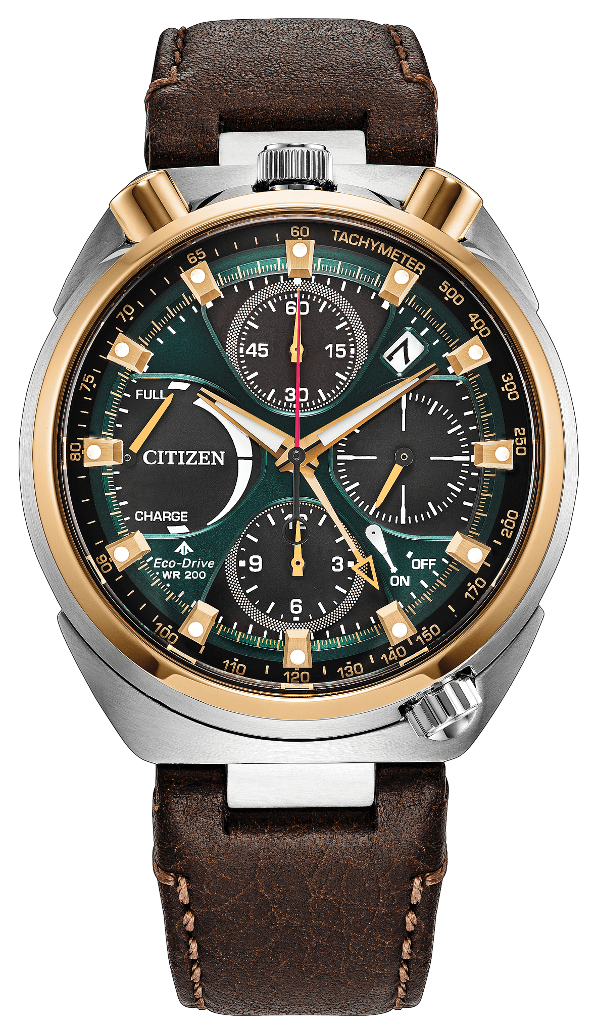 Citizen Promaster Tsuno Chrono Racer AV0104-06W front view with dark green dial and brown leather strap