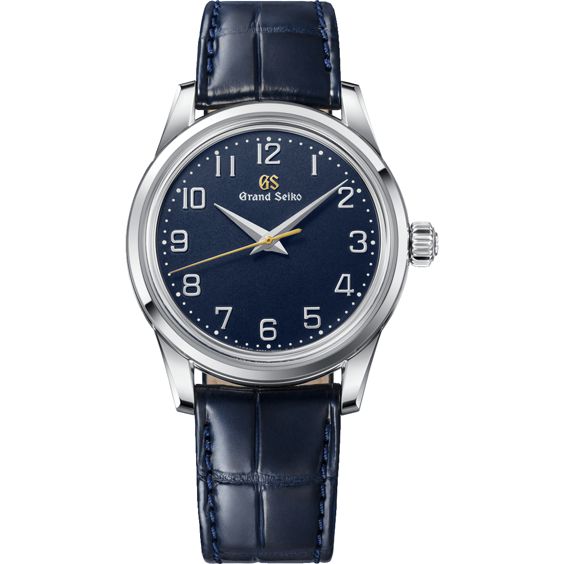 Grand Seiko SBGW325 navy Arabic dial front on blue crocodile strap