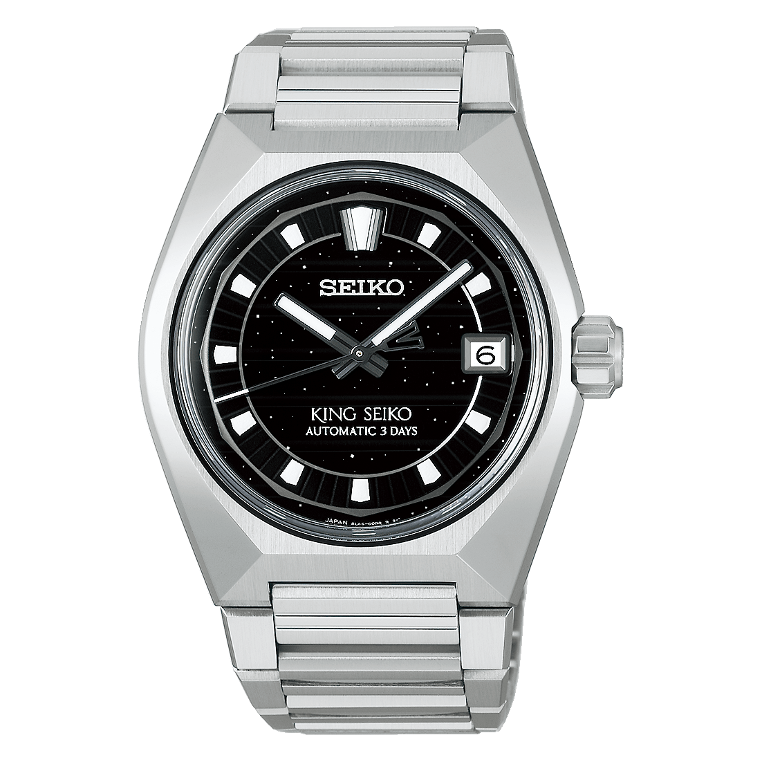 King Seiko VANAC HKF005 front view with black glitter dial and stainless-steel bracelet