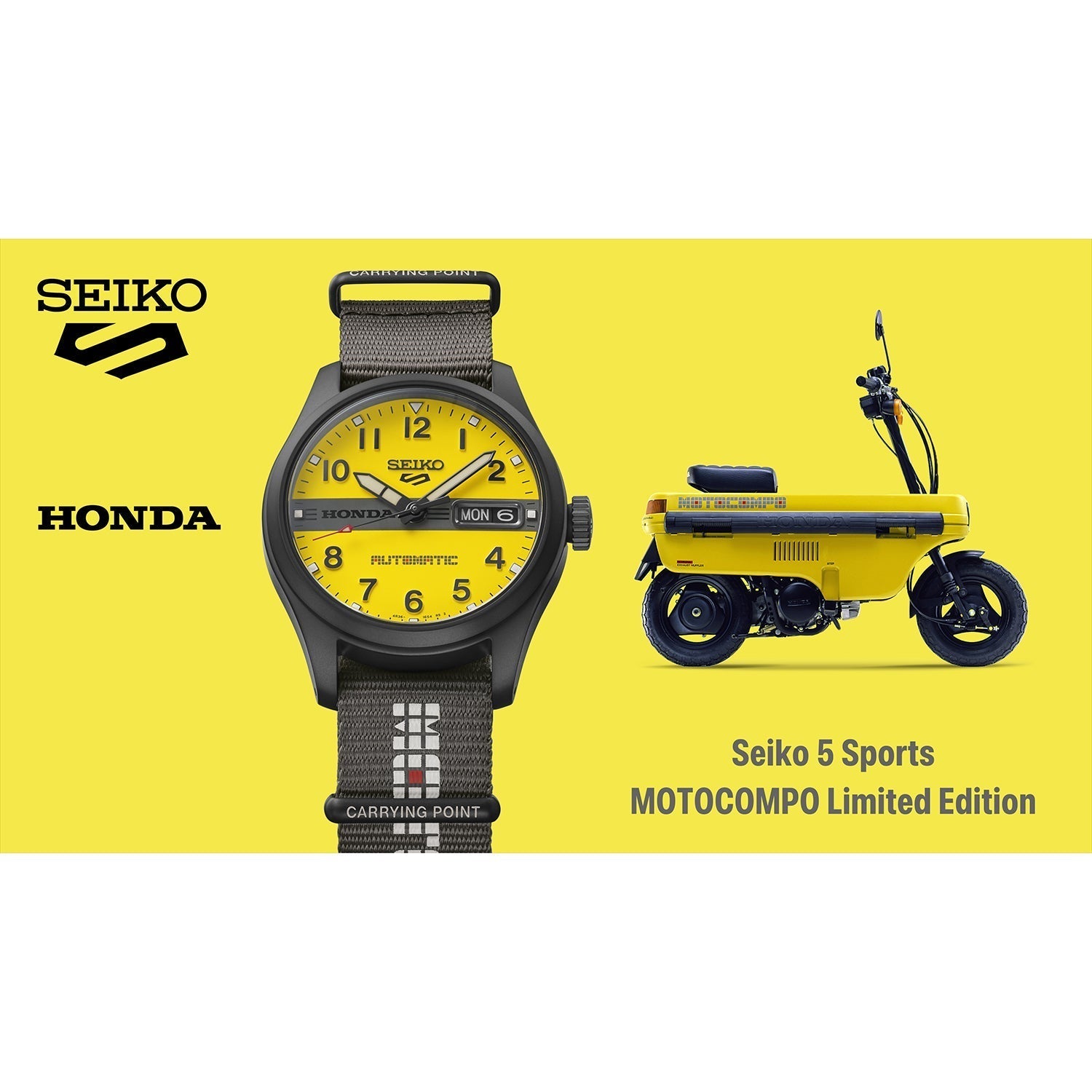 Seiko 5 Sports HDB010 beside the yellow Honda Motocompo that inspired its design