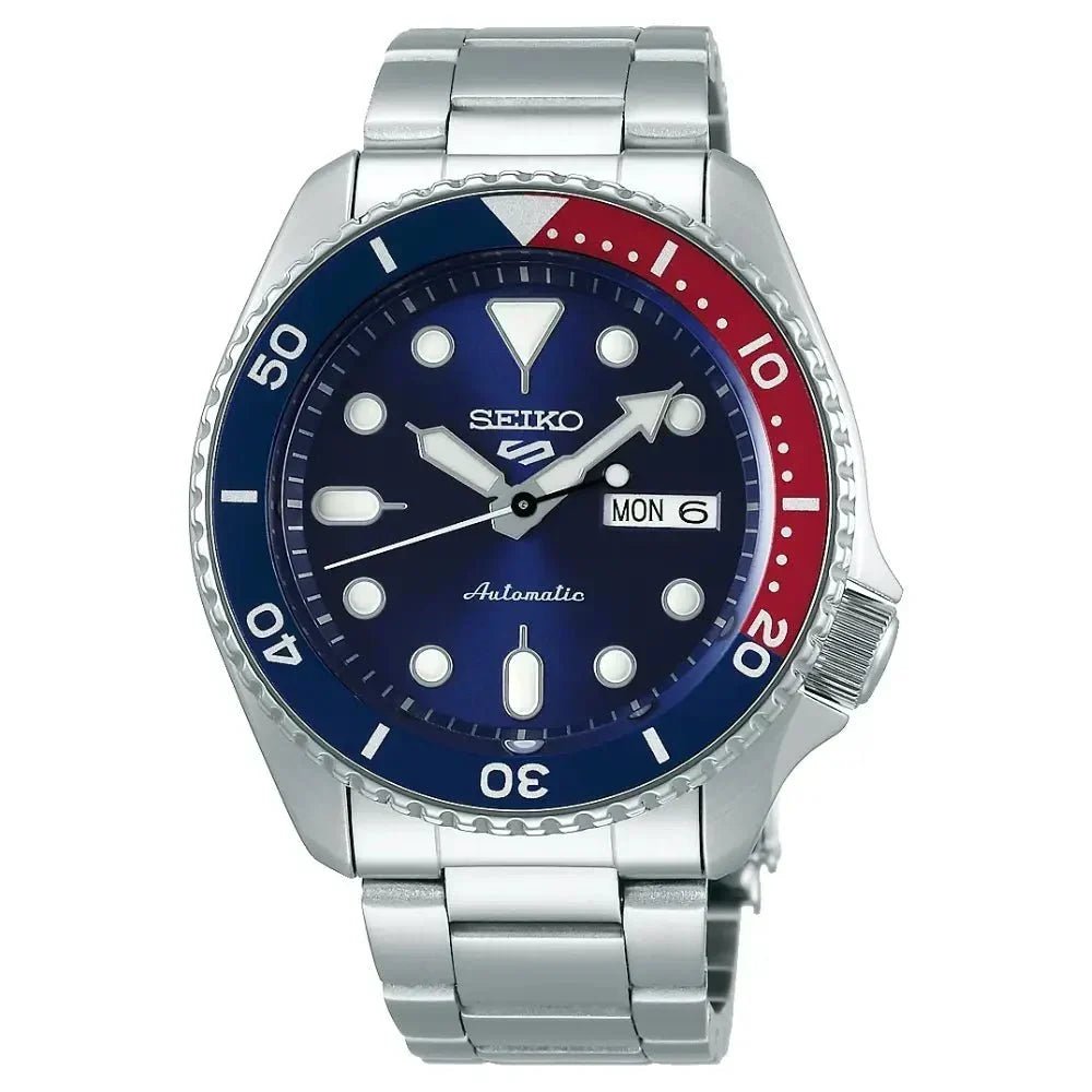 Seiko 5 Sports SRPD53K1 blue sunray dial with red and blue bezel on stainless steel bracelet