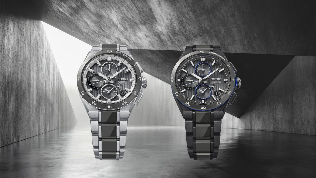 Seiko Astron HAB007 and HAB008 gray ceramic GPS Solar watches together