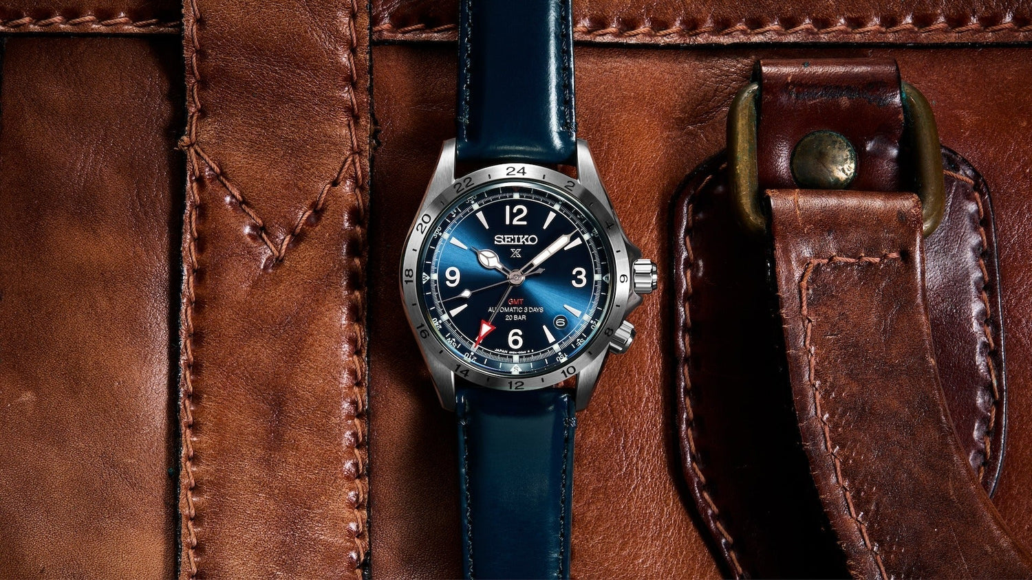 Seiko Prospex Alpinist GMT HBC008J blue dial on navy leather strap
