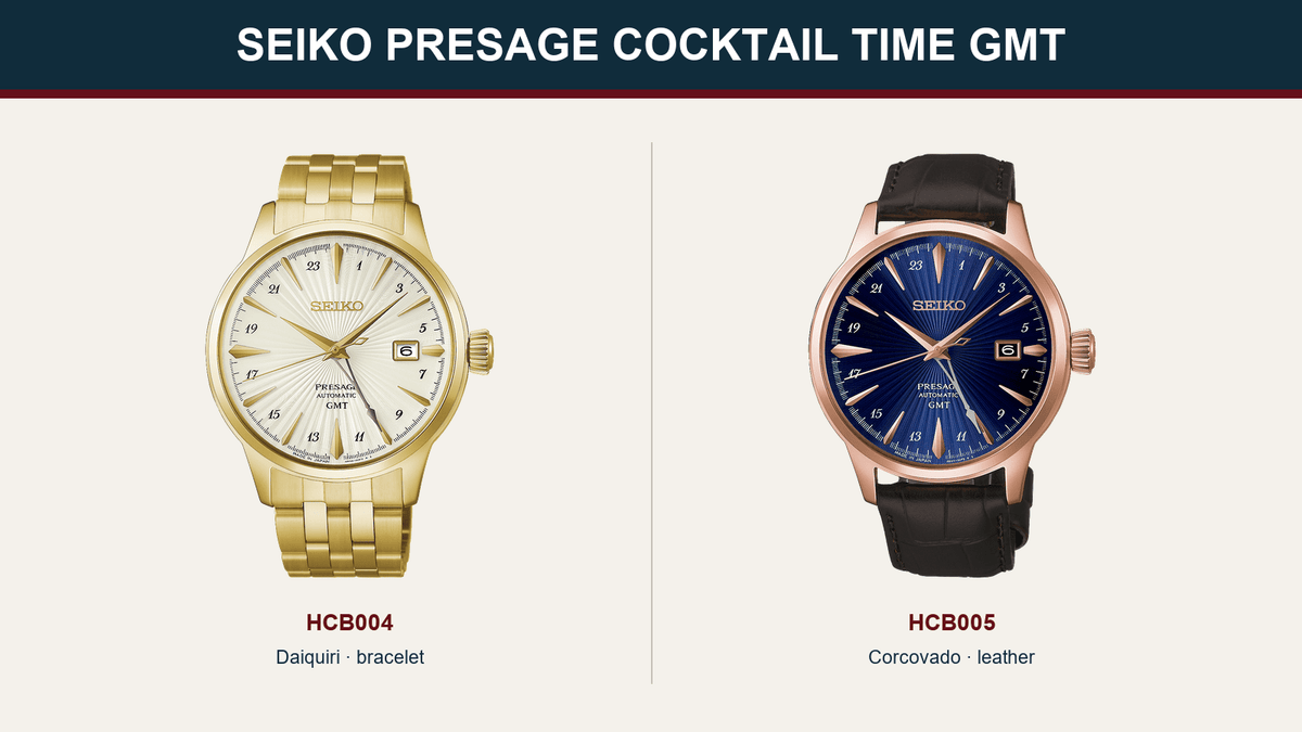 Seiko Presage Cocktail Time GMT HCB004 and HCB005 side-by-side comparison cover