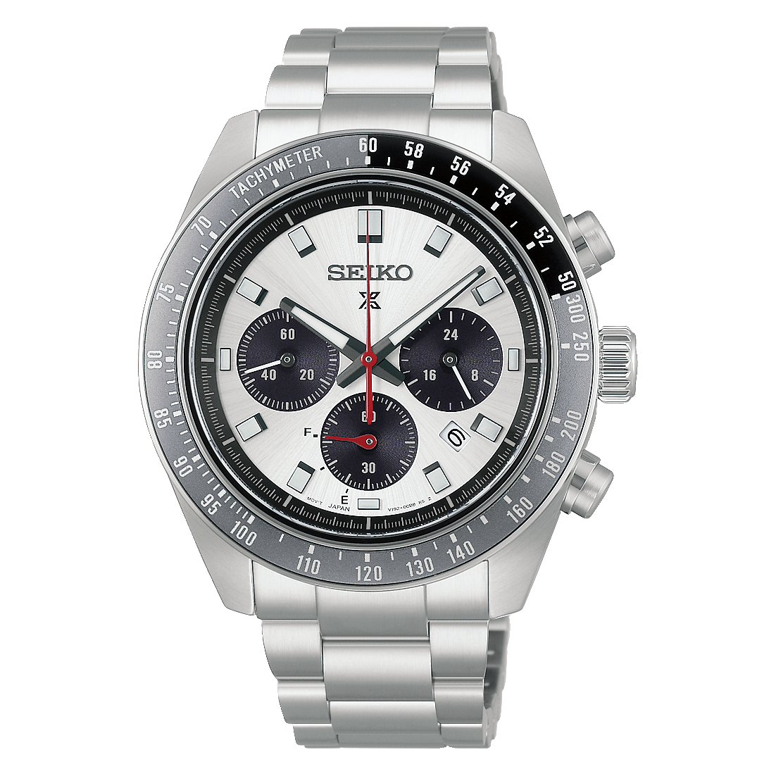 Seiko Prospex Speedtimer HBJ001 front product view, silver dial and black bezel insert