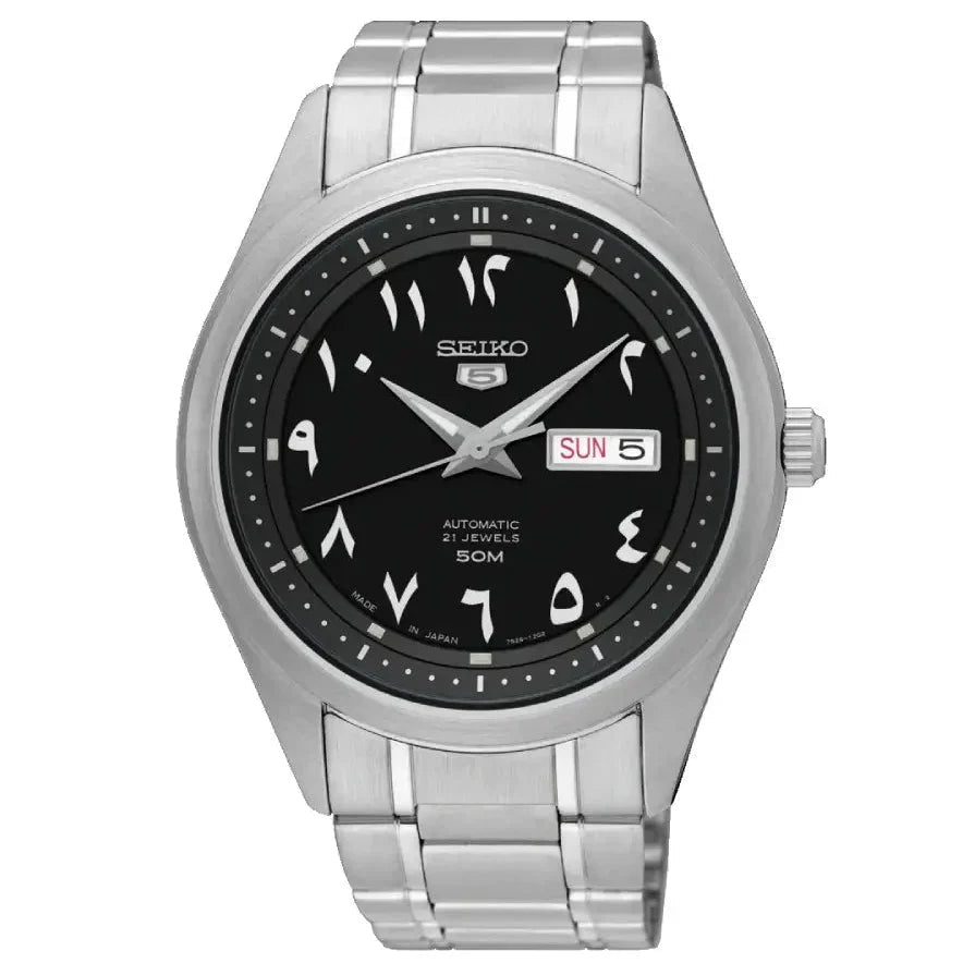 Seiko 5 SNKP21J1 black Arabic numeral dial and stainless steel bracelet