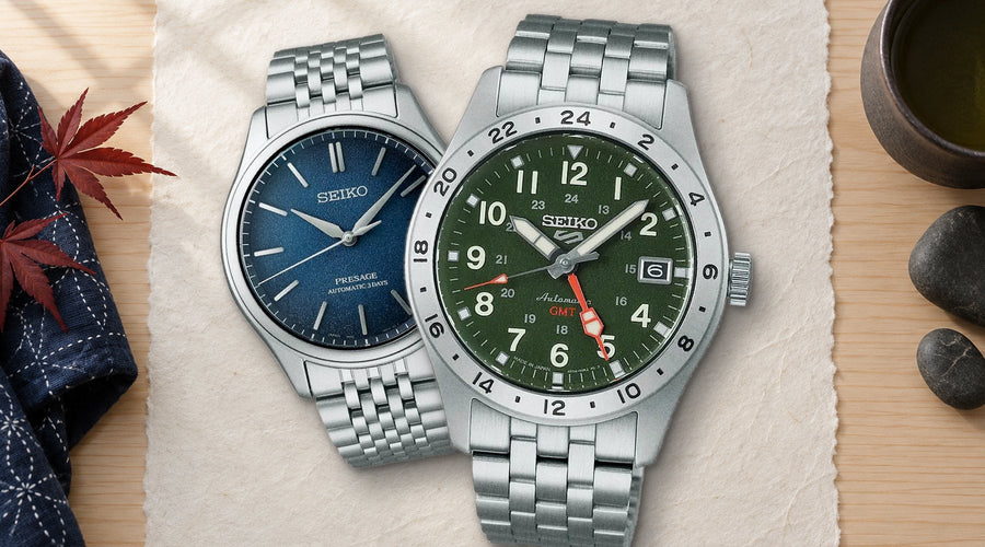 Seiko Presage and Seiko 5 GMT made in Japan on washi paper and hinoki wood