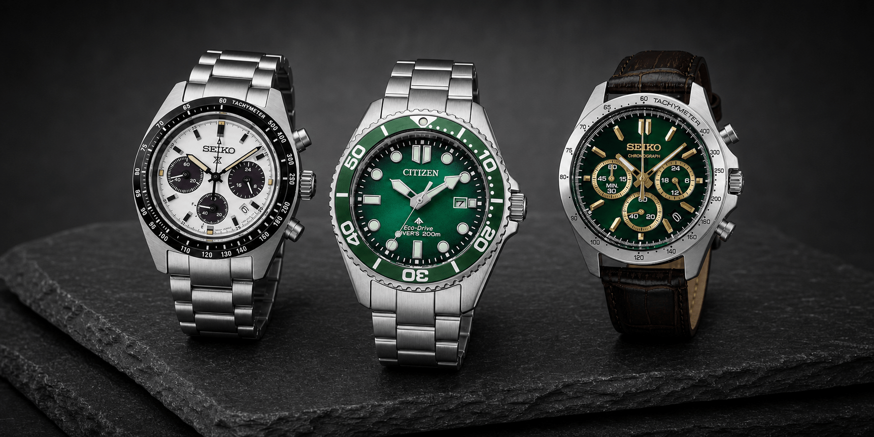 Quartz Watches collection hero featuring Seiko Prospex Speedtimer, Citizen Promaster Eco-Drive, and Seiko quartz chronograph