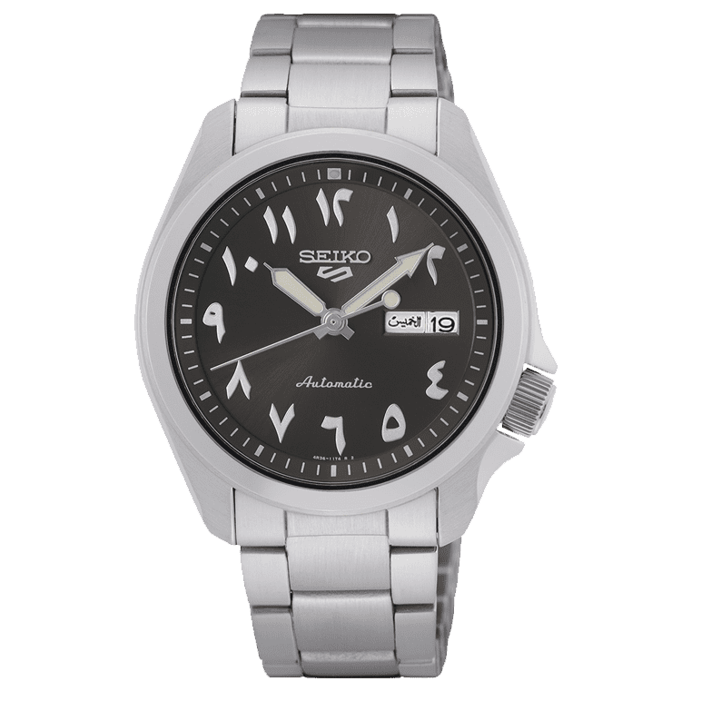 Seiko 5 Sports SRPH47K1 automatic watch with grey Arabic dial on steel bracelet