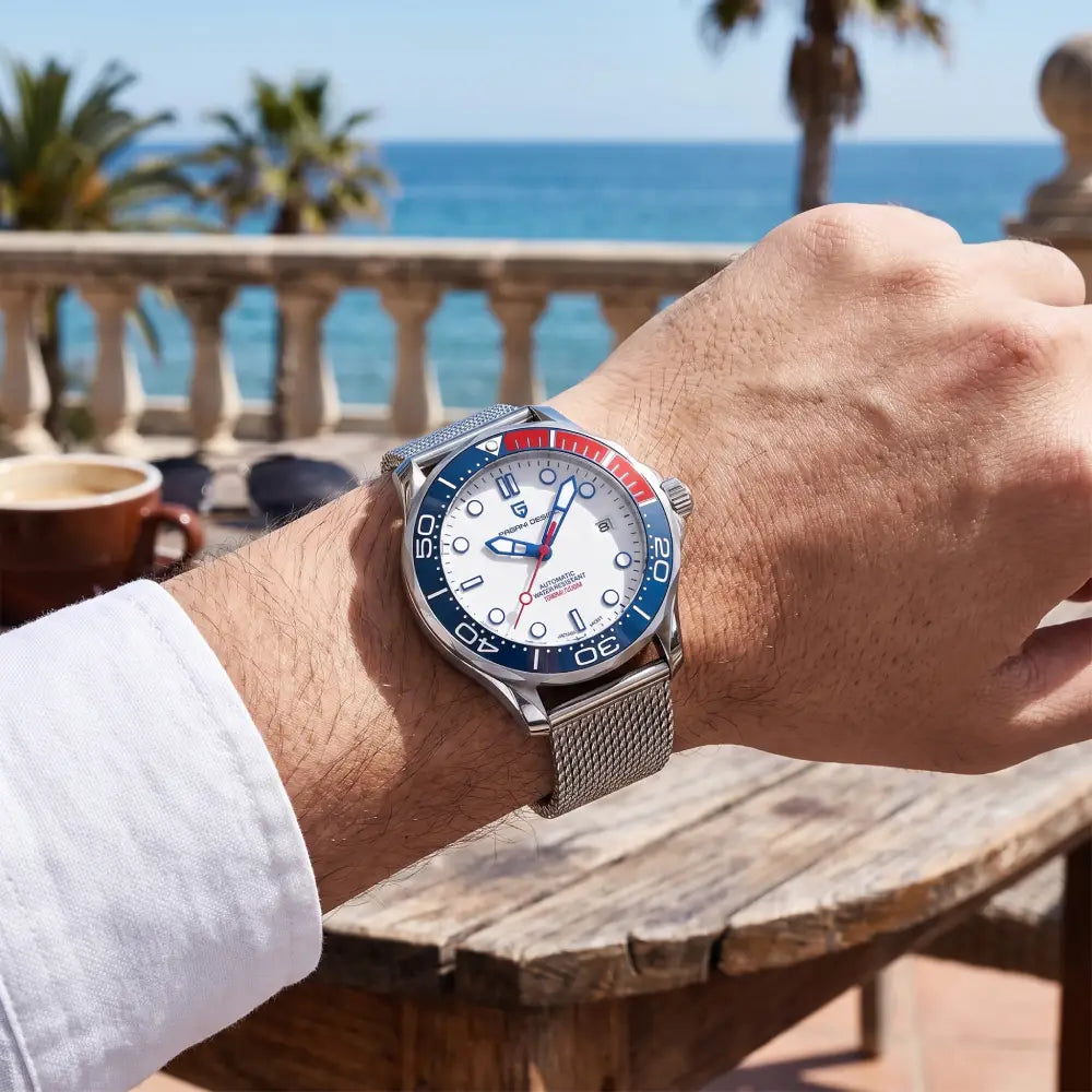 Pagani Design PD-1667 Automatic White Dial Pepsi Bezel Mesh Strap Men's Watch