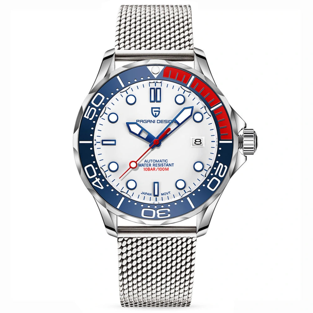 Pagani Design PD-1667 Automatic White Dial Pepsi Bezel Mesh Strap Men's Watch