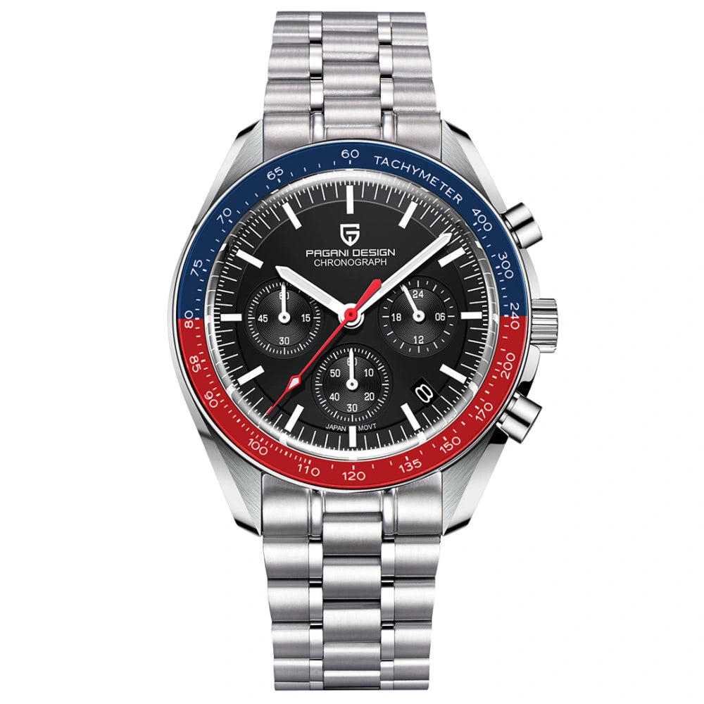 Pagani Design PD-1701 Quartz Chronograph Black Dial Pepsi Bezel Stainless Steel Men's Watch