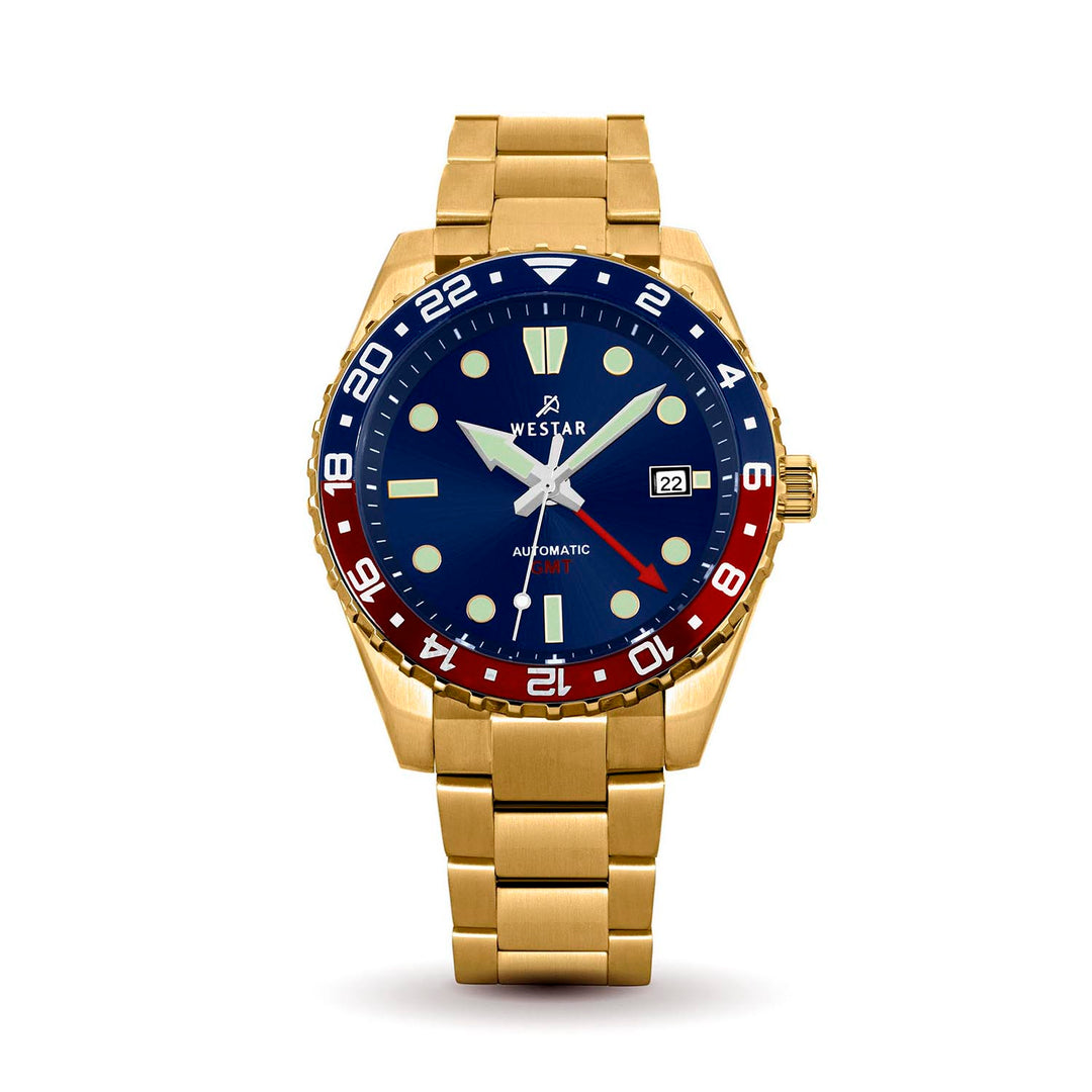 Westar 80012GPN104 men's automatic GMT watch with blue dial and gold-tone bracelet
