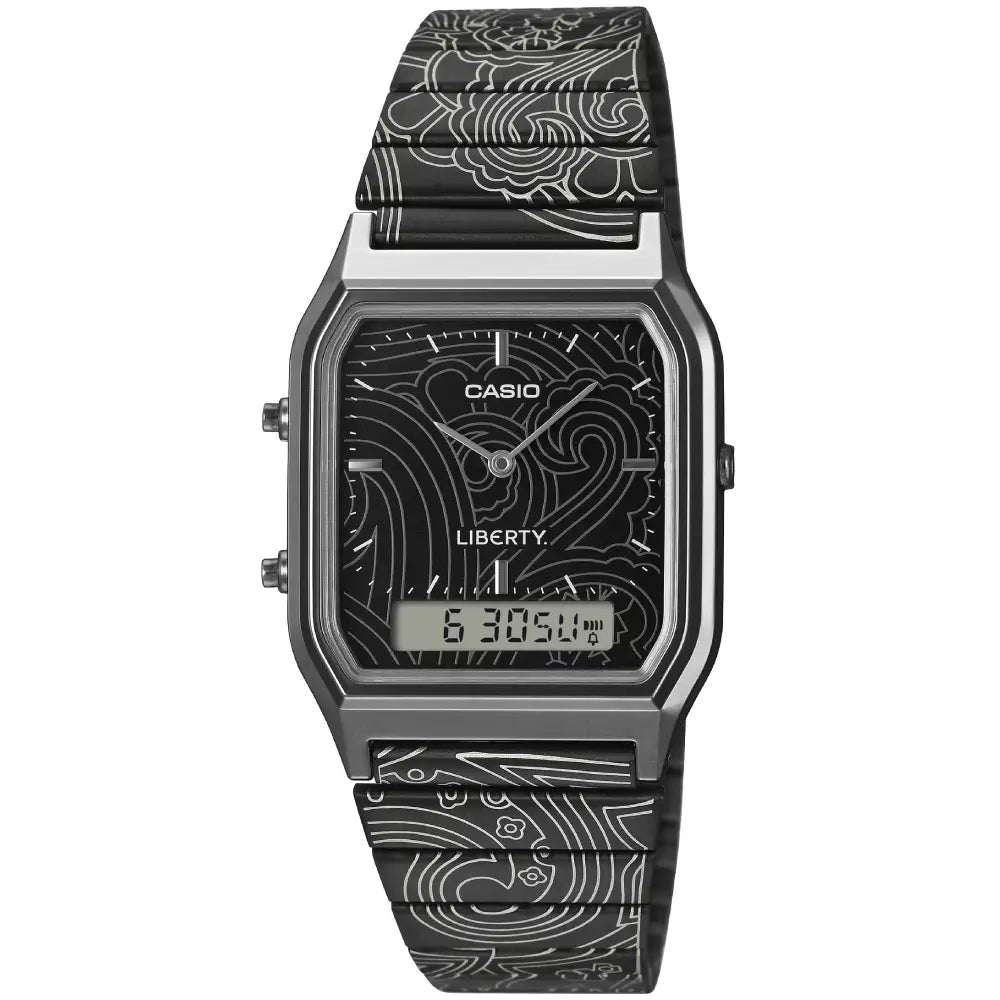 Casio Vintage AQ-230EBLT-1A x Liberty London Analog-Digital Black Dial Black Ion-Plated Stainless Steel Unisex Watch