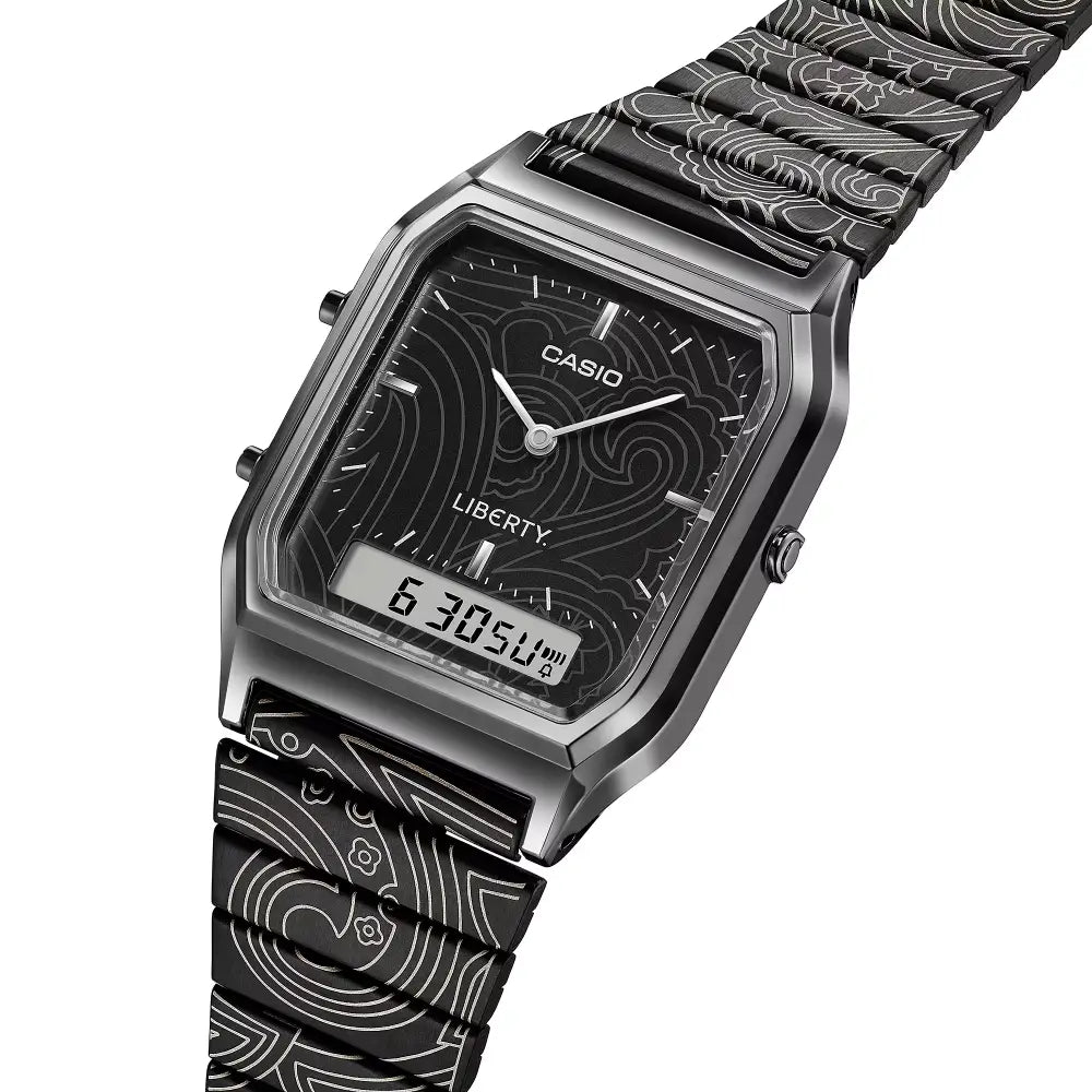 Casio Vintage AQ-230EBLT-1A x Liberty London Analog-Digital Black Dial Black Ion-Plated Stainless Steel Unisex Watch