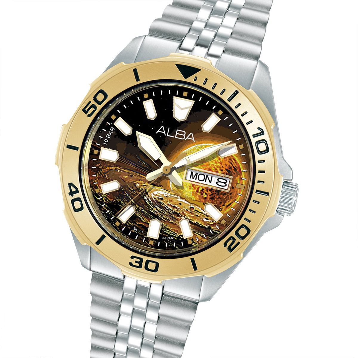 Alba AV3590X2 brown Sun graphic dial and bracelet angled view