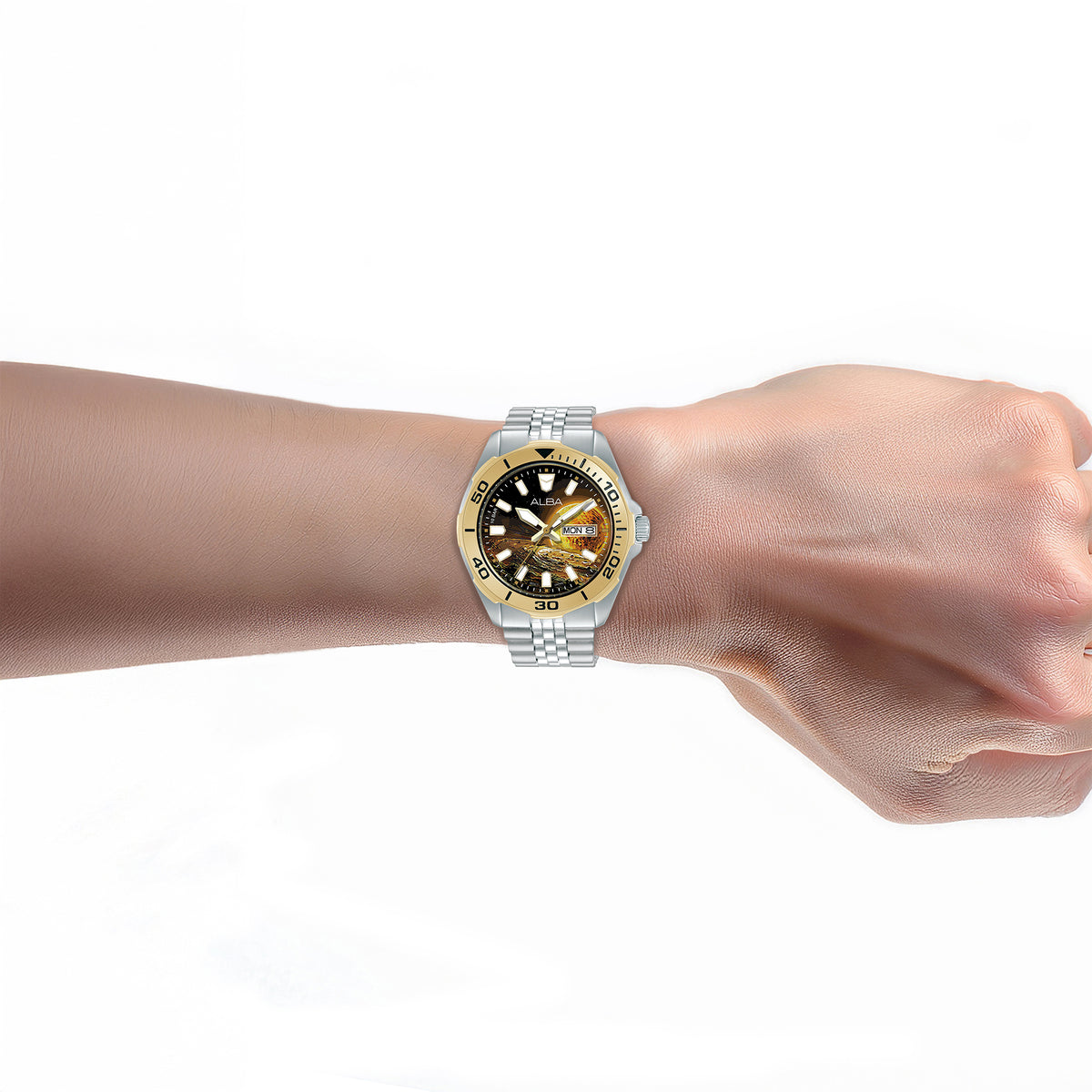 Alba AV3590X2 brown Sun graphic dial watch worn on wrist
