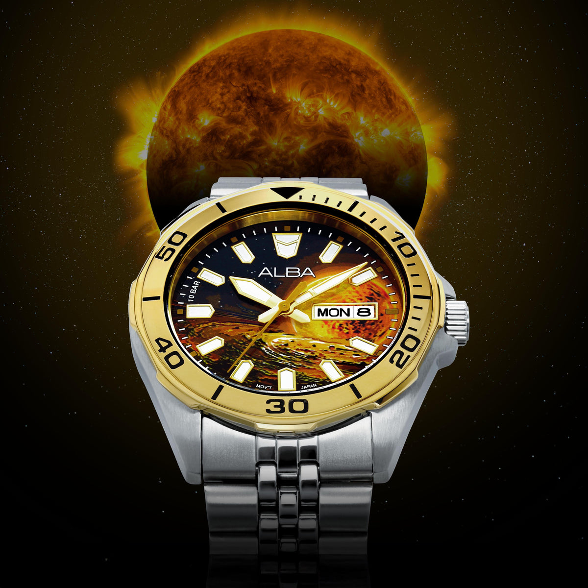 Alba AV3590X2 brown Sun graphic dial lifestyle view