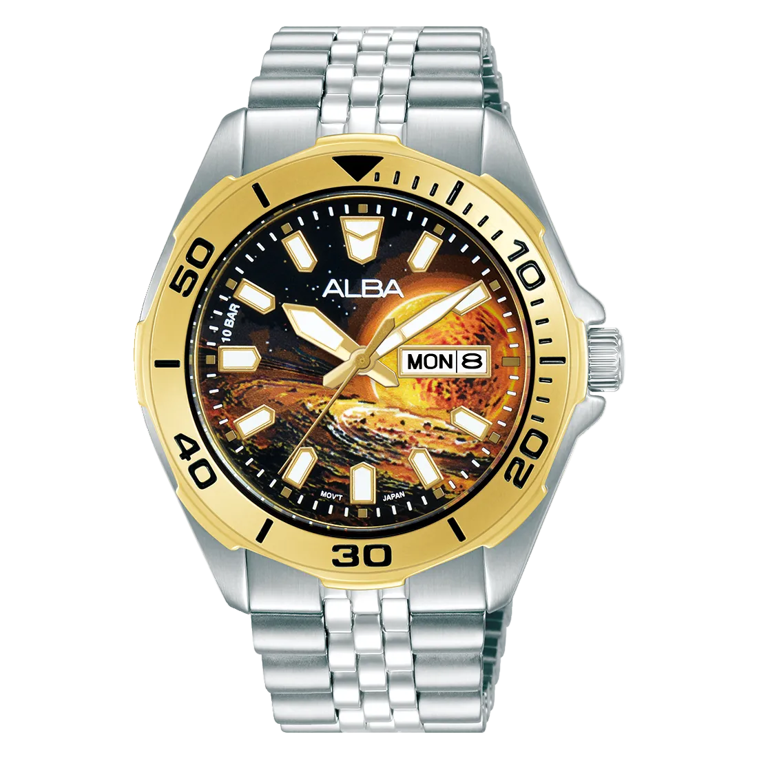 Alba AV3590X2 brown Sun graphic dial stainless-steel bracelet front view