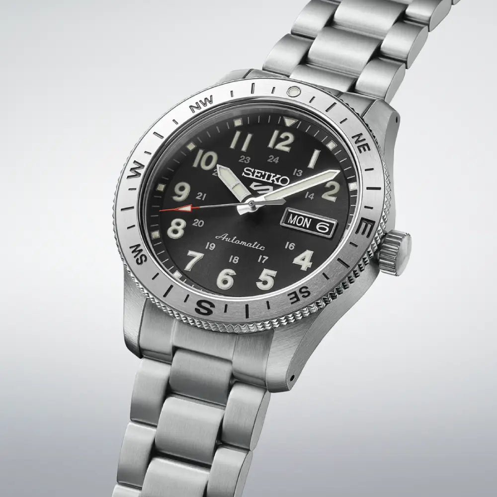 Seiko 5 Sports Field HDB006K1 Automatic Black Dial Compass Bezel Stainless Steel Men’s Watch