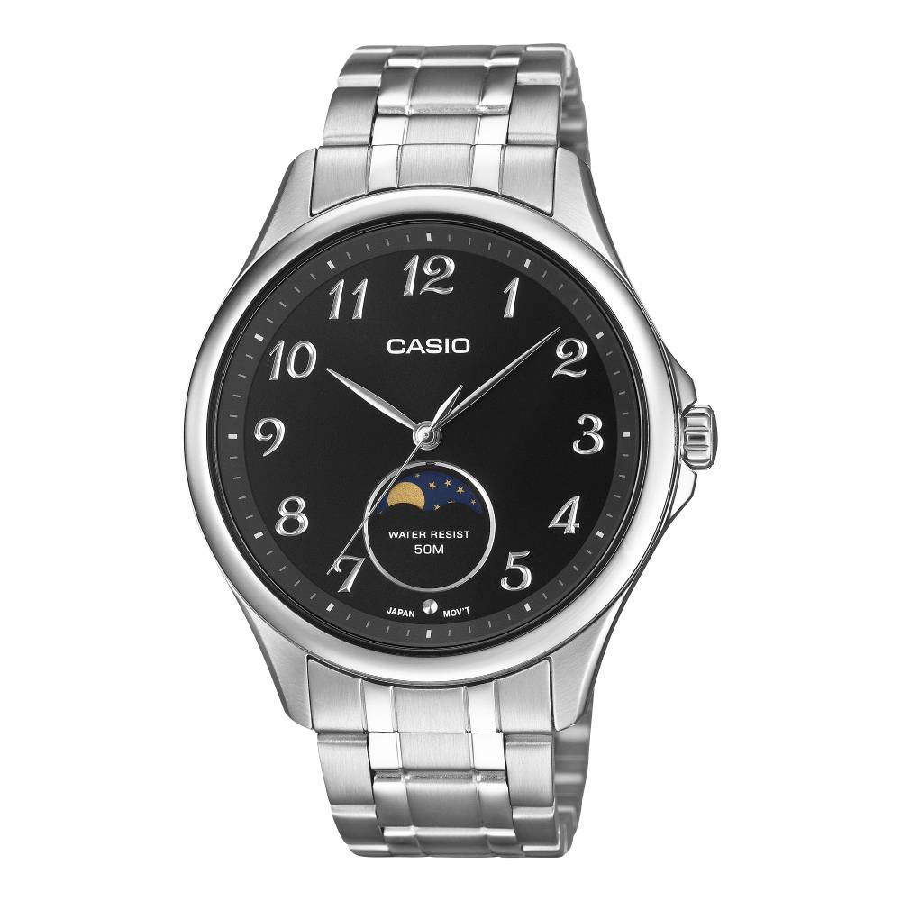 Casio MTP-M110D-1AVDF Moon Phase Quartz Black Dial Stainless Steel Men's Watch