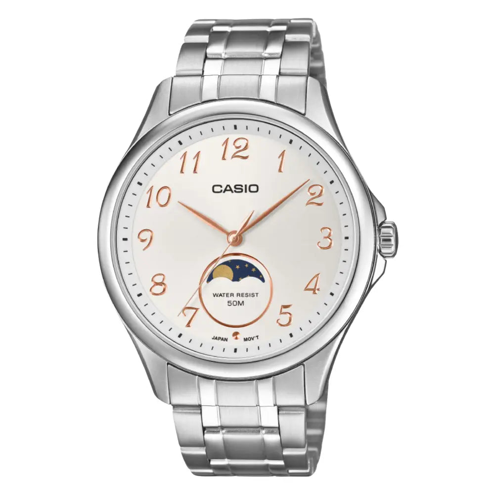 Casio MTP-M110D-7AVDF Moon Phase Quartz White Dial Stainless Steel Men's Watch