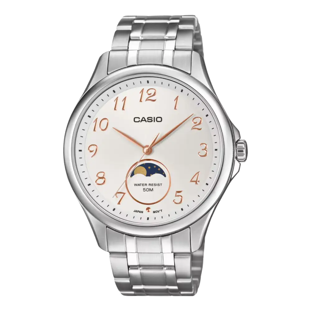 Casio MTP-M110D-7AVDF Moon Phase Quartz White Dial Stainless Steel Men's Watch