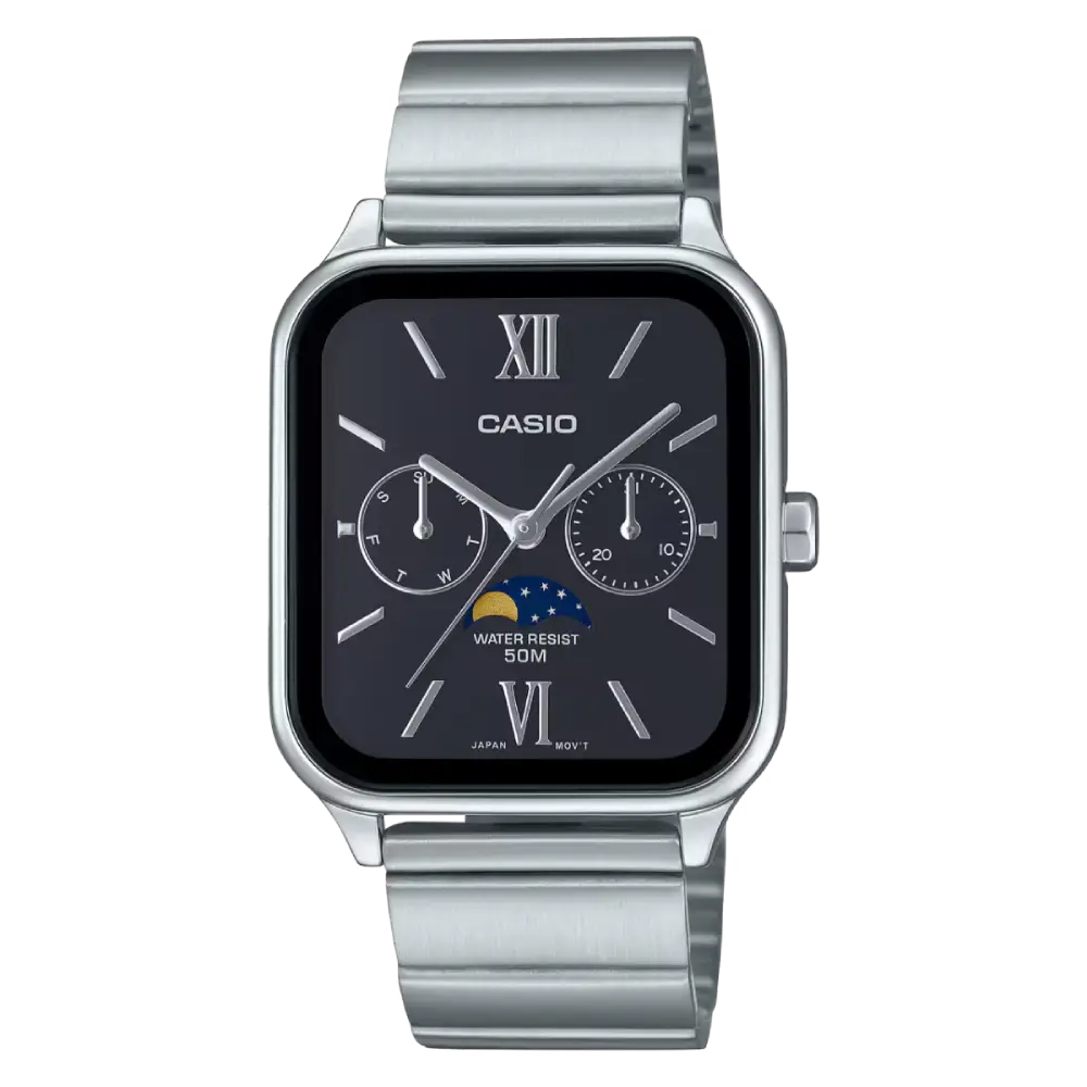 Casio MTP-M305D-1A2VDF Moon Phase Quartz Black Dial Stainless Steel Watch