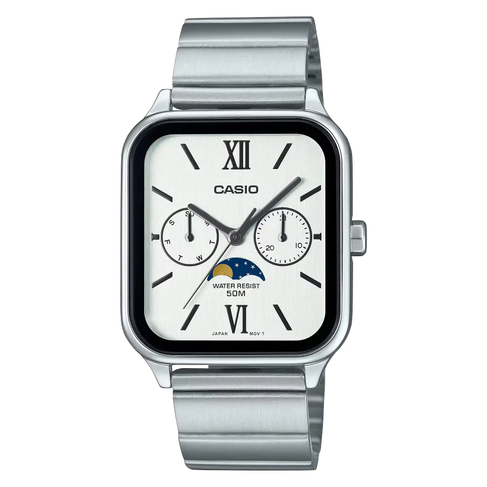 Casio MTP-M305D-7A2VDF Moon Phase Quartz White Dial Stainless Steel Watch