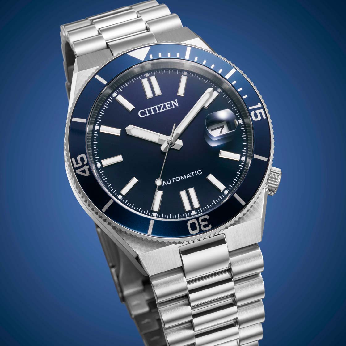 Citizen TSUYOSA Shore NJ0230-59L navy dial three-quarter view