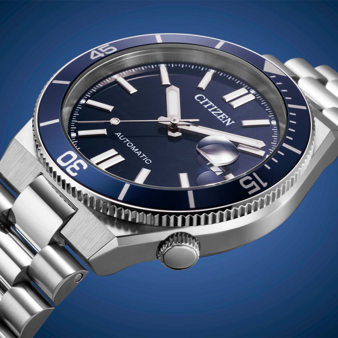 Citizen TSUYOSA Shore NJ0230-59L navy dial bezel and crown detail