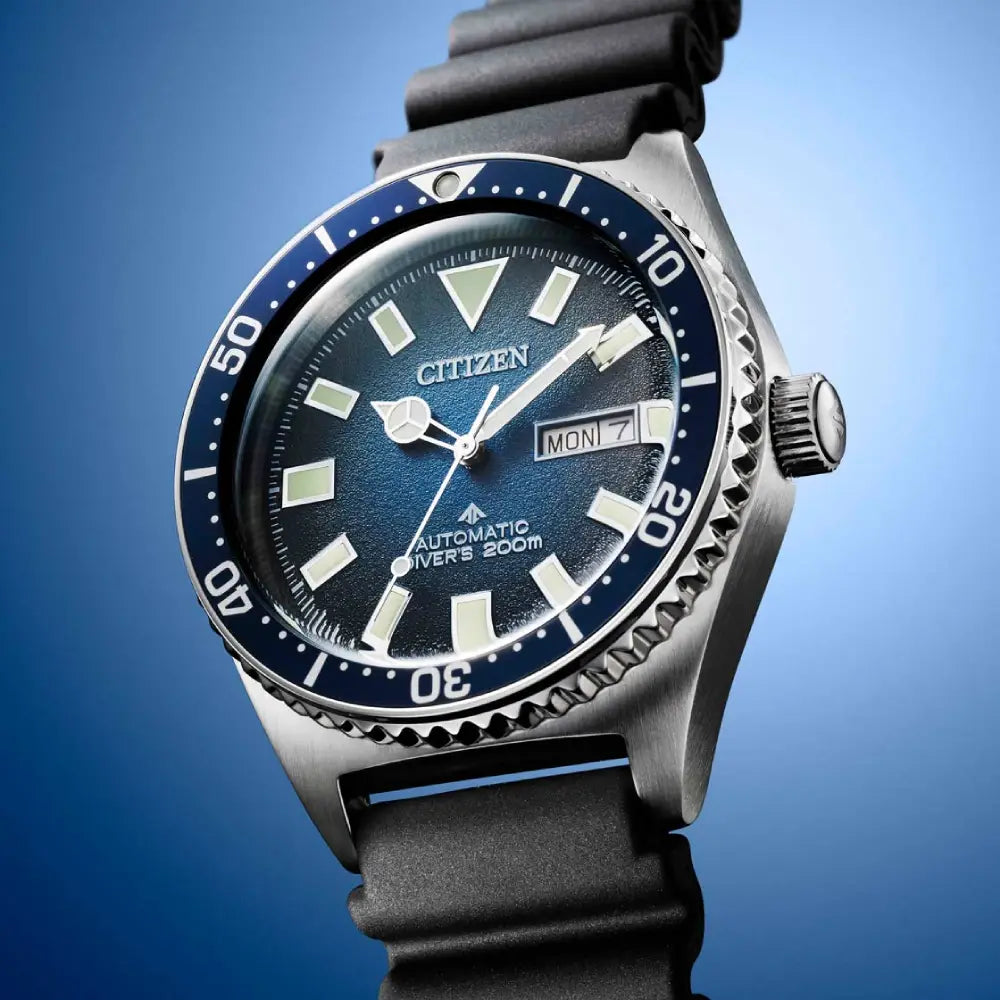 Citizen Promaster NY0129-07L blue dial and luminous markers close-up