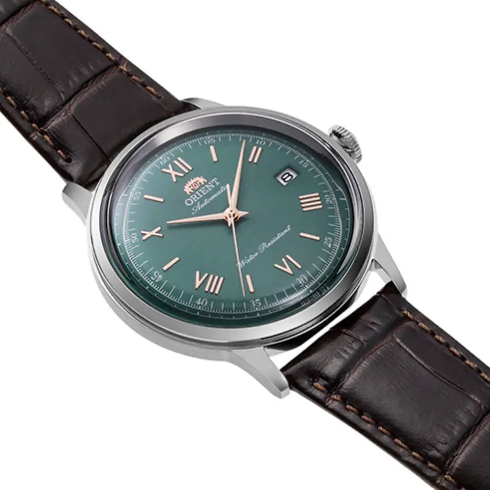 Orient Bambino RA-AC0023E Automatic Green Sunburst Dial Brown Leather Strap Men’s Watch