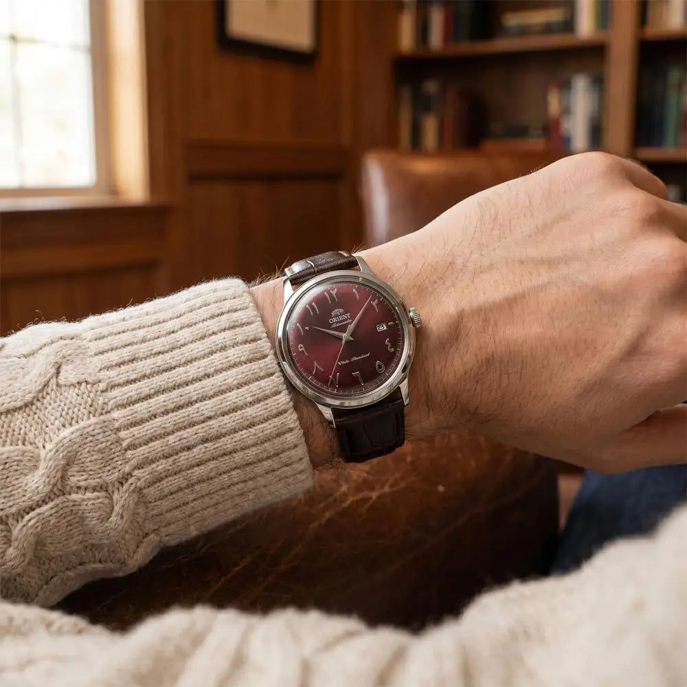 Orient Bambino Arabic Dial RA-AC0037R Automatic Bordeaux Dial Brown Leather Strap Men’s Watch