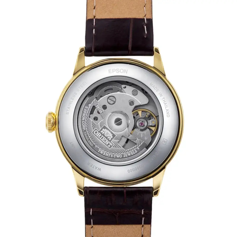 Orient Bambino 38 RA-AC0M01S Automatic White Dial Gold-Tone Case Leather Strap Men’s Watch