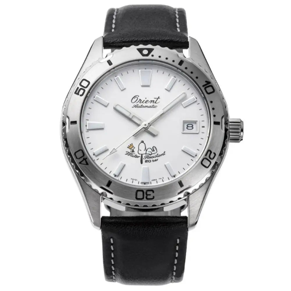 Orient Mako 40 x Peanuts 75th Anniversary Limited Edition RA-AC0Q08S Automatic White Dial Leather Strap Men’s Watch