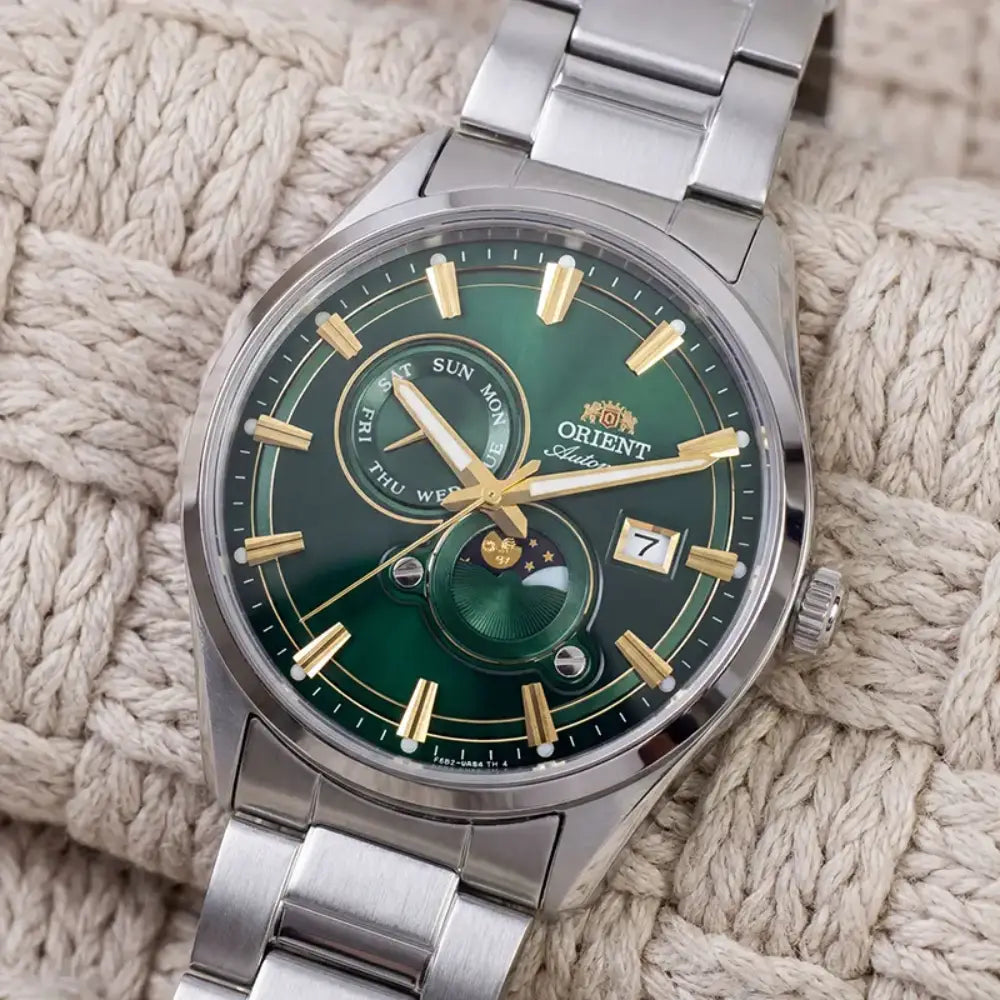 Orient Stretto Day & Night RA-AK0314E Automatic Green Sunburst Dial Stainless Steel Bracelet Men’s Watch