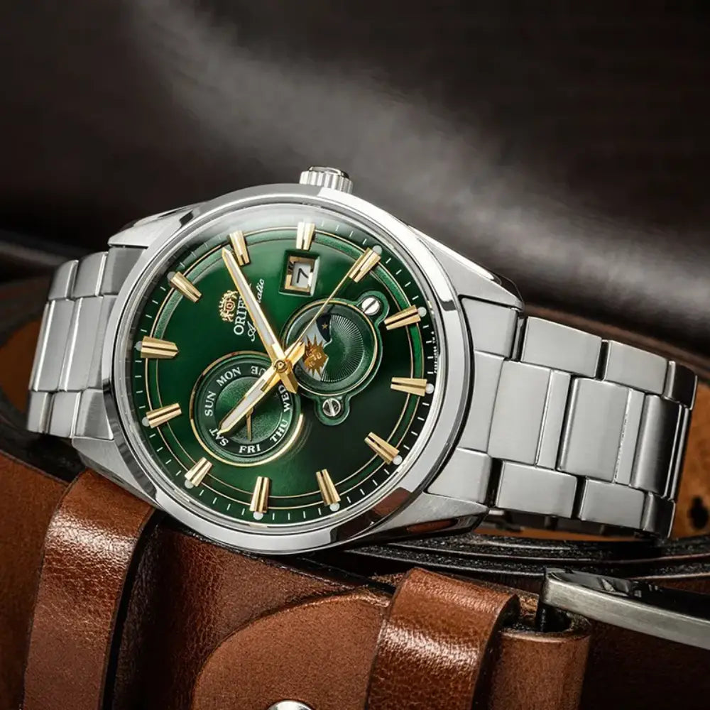Orient Stretto Day & Night RA-AK0314E Automatic Green Sunburst Dial Stainless Steel Bracelet Men’s Watch
