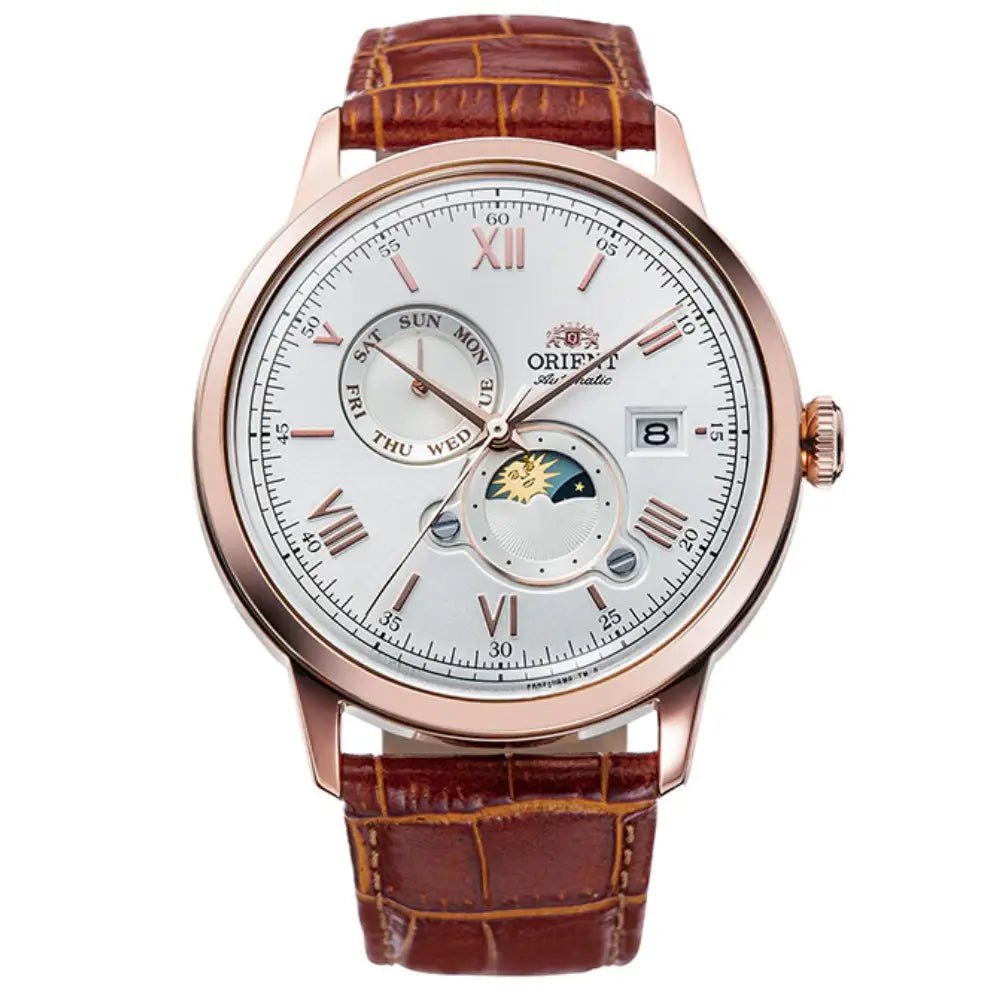 Orient Bambino Sun & Moon RA-AK0801S Automatic White Dial Rose Gold-Tone Leather Strap Men’s Watch