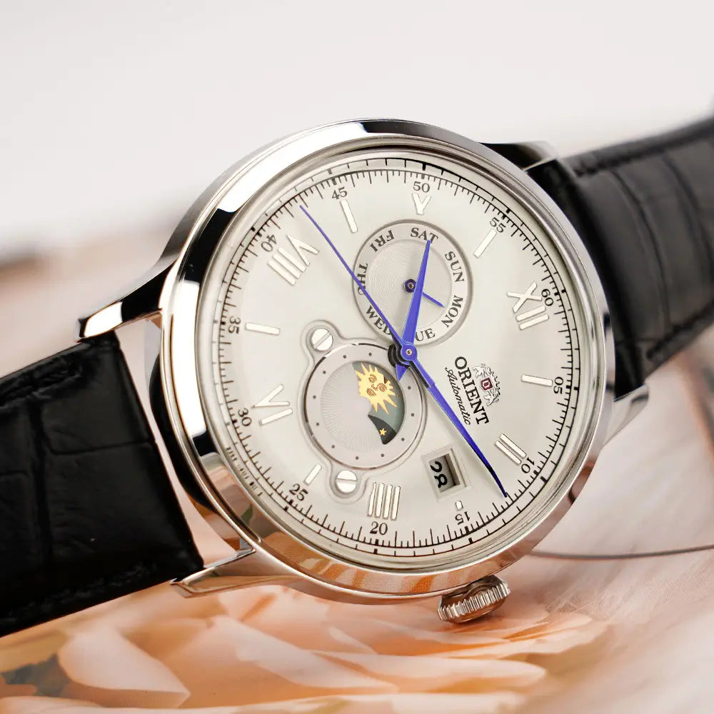 Orient Bambino Sun & Moon RA-AK0802S Automatic White Dial Leather Strap Men’s Watch