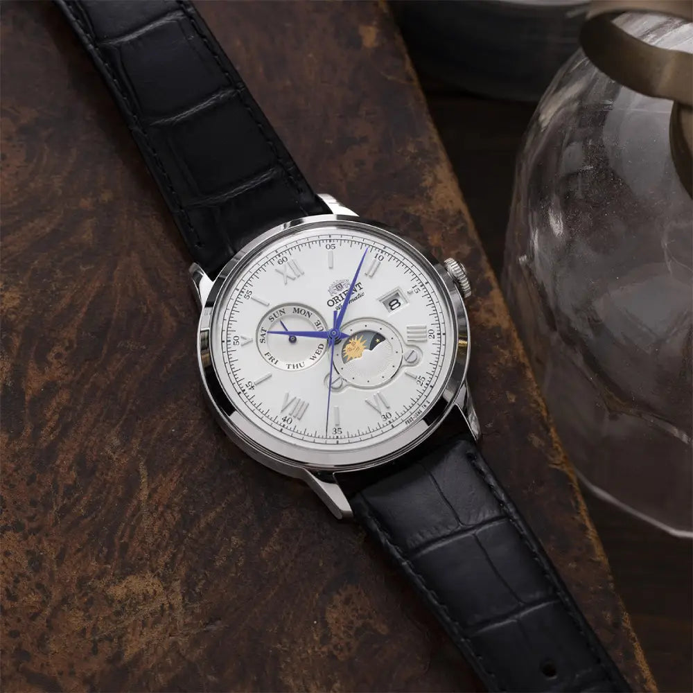 Orient Bambino Sun & Moon RA-AK0802S Automatic White Dial Leather Strap Men’s Watch